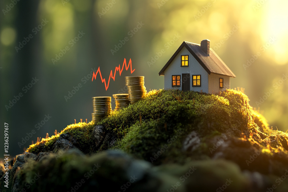 Poster miniature house on top of a hill with stacks of coins and a rising graph line, symbolizing real esta