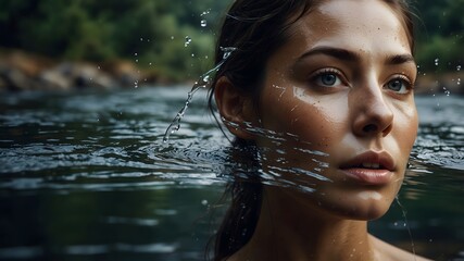 Fototapeta premium A double exposure of a person’s face overlaid with flowing rivers and streams, symbolizing the continuous flow of emotions and the journey of life.