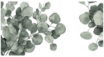 Intricate eucalyptus leaf design featuring soft green shades and muted gray tones, enhanced by detailed engraving on a textured white backdrop