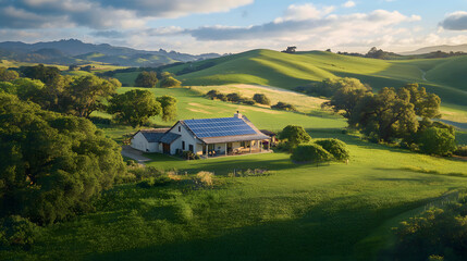 Fototapeta premium A traditional farmhouse with solar panels on the roof, surrounded by lush pastures and rolling hills, emphasizing the importance of clean energy for rural living.