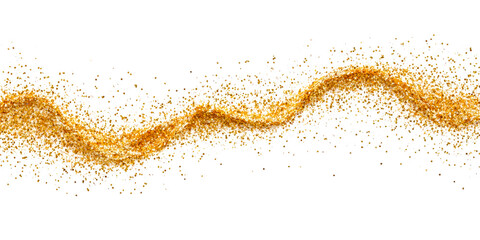 gold confetti splash on boundary frame of rough white paper isolate on white, gold shade, flat lay composition