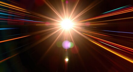 Abstract light speed background with colorful streaks and bright central burst effect