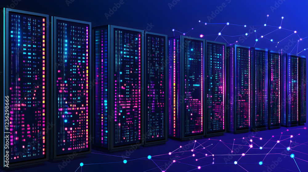 Poster data center operations showcase high-tech facility digital infrastructure futuristic environment clo
