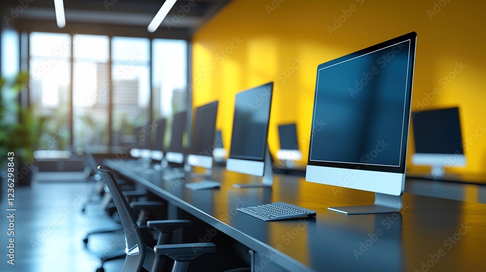 Poster modern office with rows of computers.