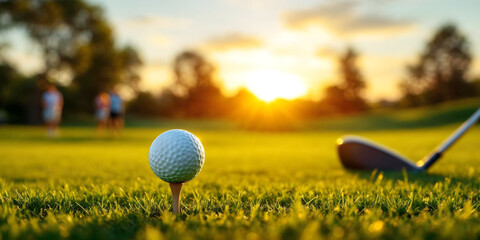 Golf ball on tee placed on green lawn, blurred background of teeing ground in sunsetting lights.