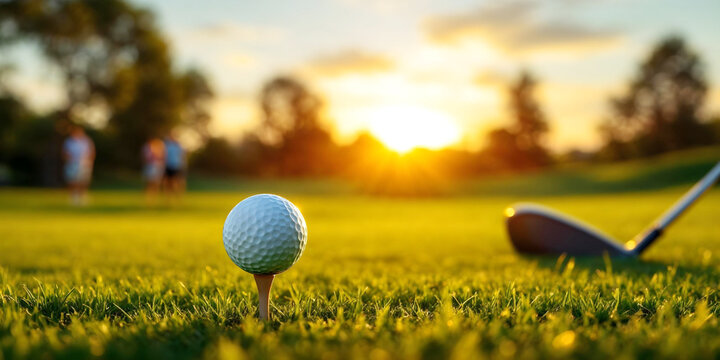 Golf ball on tee placed on green lawn, blurred background of teeing ground in sunsetting lights.