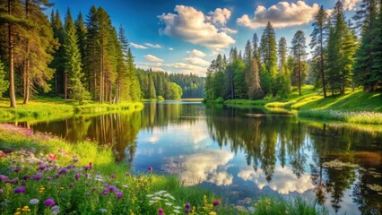 A serene forest lake with lush green grass and vibrant wildflowers, surrounded by tall trees and a peaceful atmosphere