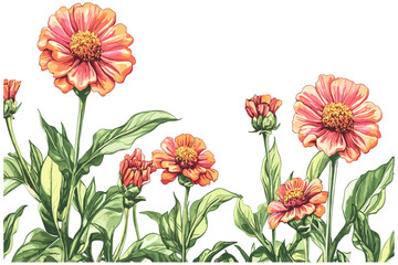 Vintage Engraving of Zinnia Flowers in Bold Shades of Pink and Orange, Set Against a Backdrop of Lush Green Foliage, Offering a Timeless Floral Illustration