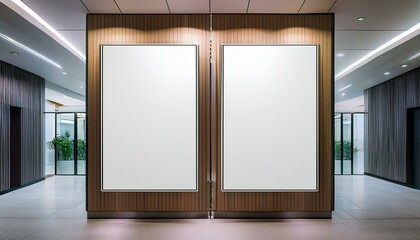mockup office wall poster mock up two blank white vertical rectangular posters near elevator lift in modern office lobby corridor interior
