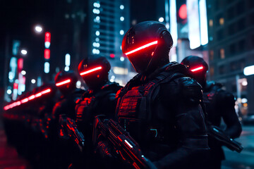 Reimagine Rembrandt’s The Night Watch, with the guards transformed into AI-enhanced soldiers patrolling a digital city at night. 