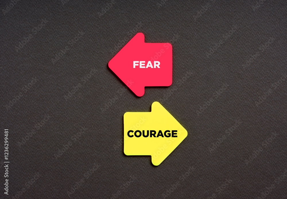Poster the paths to fear and courage alternative options. the words fear and courage on arrows pointing opp