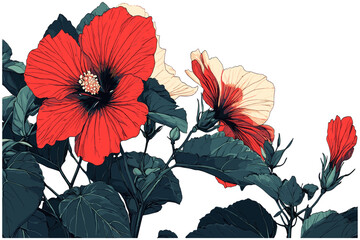 2005 Hibiscus with bright red flowers, dark green leaves, captured in a detailed and intricate sketchy engraving style © aura studio