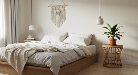 Serene Bohemian Bedroom Design with Macrame Wall Hanging