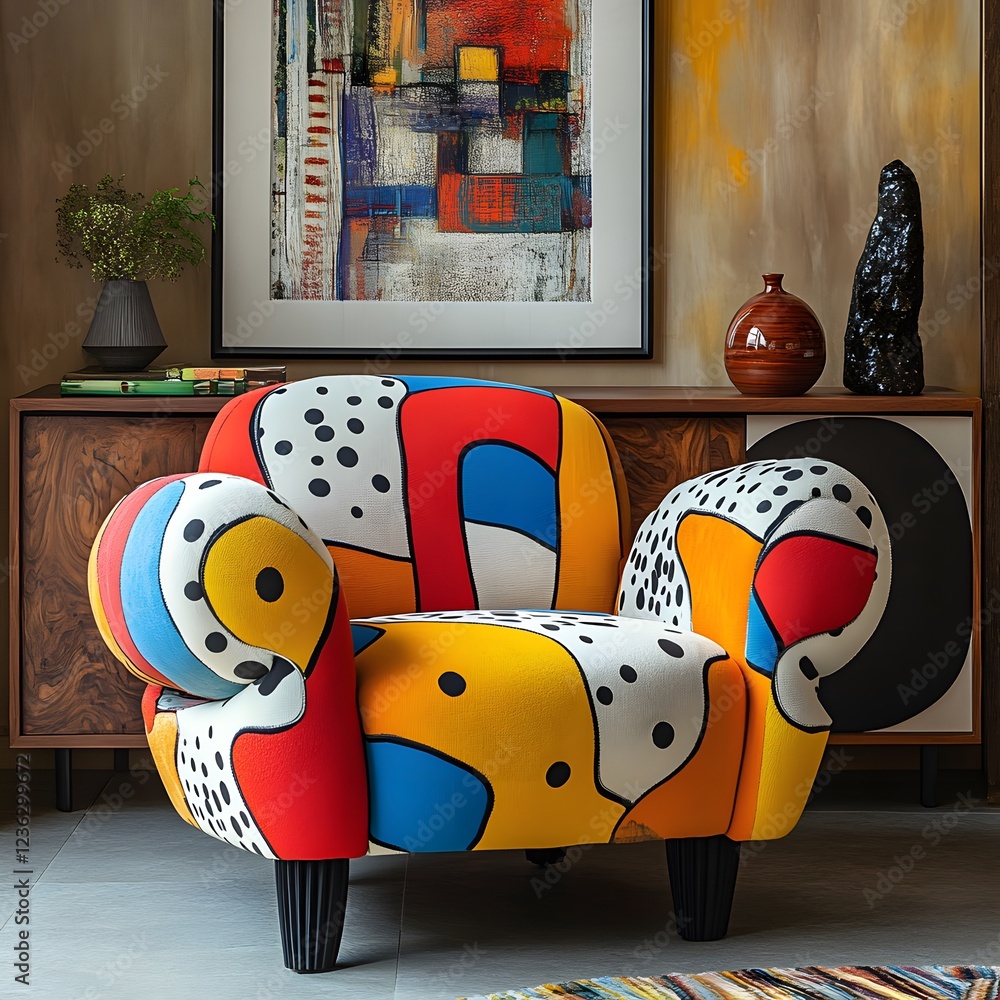 Poster vibrant memphis design interior featuring colorful armchair paired with a playful console and decora