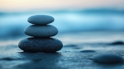 Stack of zen stones balancing on beach at sunset symbolizing peace and harmony