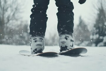 Skiing person stands on snow with trees in background, for winter sport or ads.