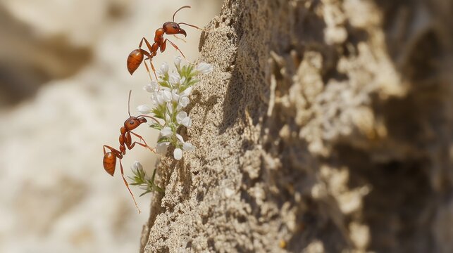 Desert ants foraging flowers, rocky terrain, sunlight