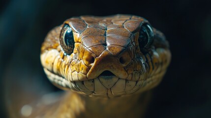 Fototapeta premium Extreme close-up of a snake's face, highlighting its scales, eyes, and mouth against a dark background, creating a dramatic and intense cinematic effect
