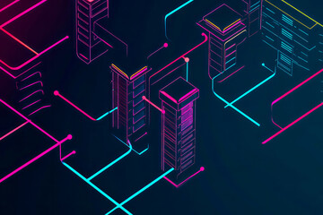 schematic data moving between server nodes in futuristic neon art theme