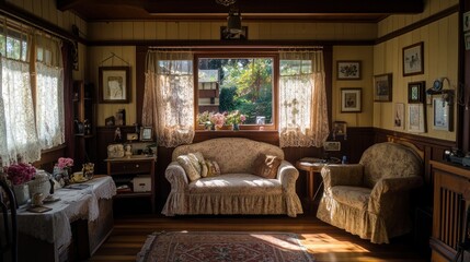 Sunlit Victorian living room with antique furniture, garden view