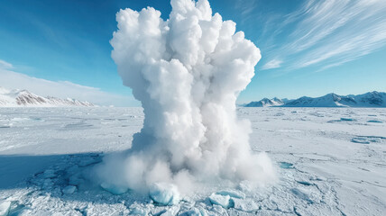 Fototapeta premium Melting polar ice creates dramatic clouds of vapor, showcasing climate change, Global Warming and Climate Crisis Themed
