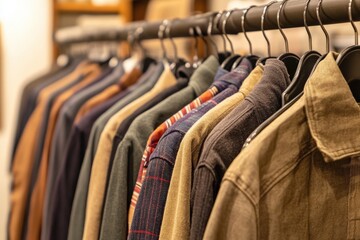 '  Rack of shirts on display at clothing store, interior shot, warm ambient light.