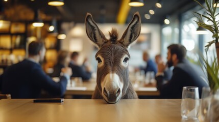 Donkey peering over table during business meeting in modern restaurant, symbolizing stubbornness or unconventional leadership