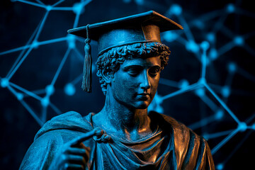 Sculpture of ancient Greek god in graduation cap presses on hologram screen, clicks finger on dark background. Blue lighting on neural network background 