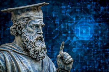 Sculpture of ancient Greek god in graduation cap presses on hologram screen, clicks finger on dark background. Blue lighting on neural network background