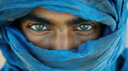 Desert man, intense gaze, blue cloth, sand dunes, portrait