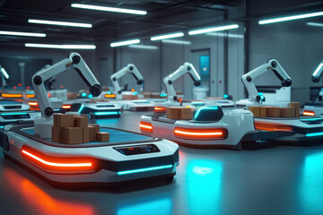 Naklejka premium Futuristic warehouse showcasing robotic arms and autonomous vehicles efficiently sorting packages in a vibrant environment
