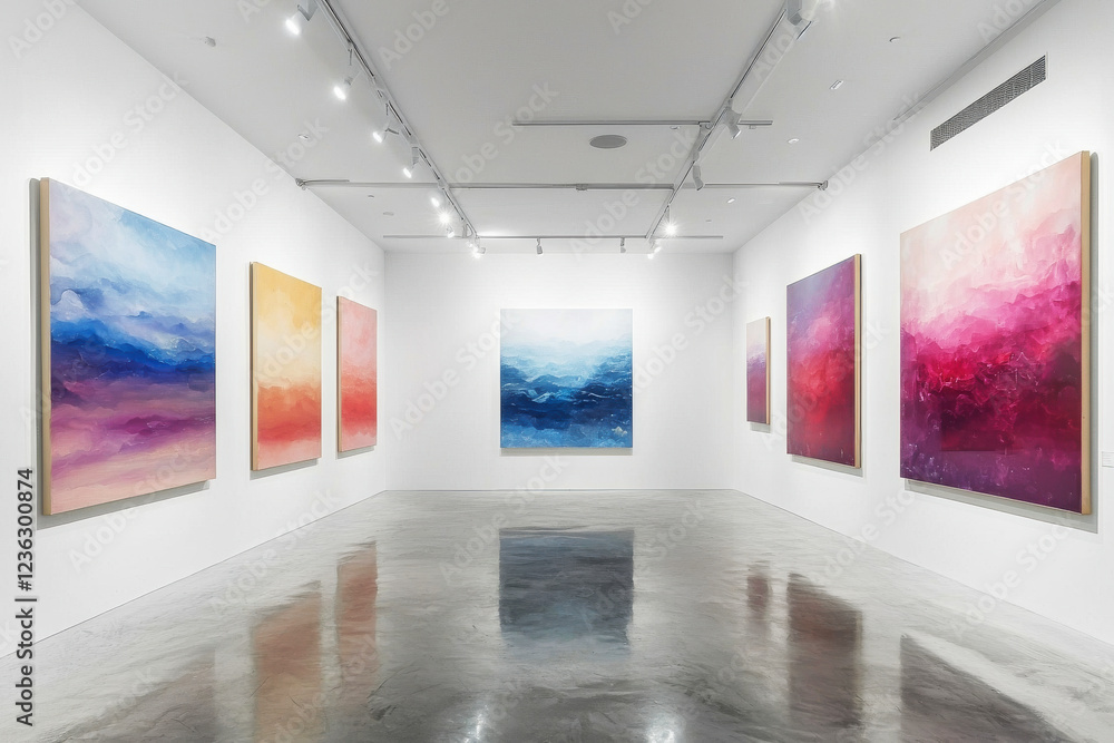 Poster gallery space showcasing serene minimalist abstract paintings with soft lighting creating a professi