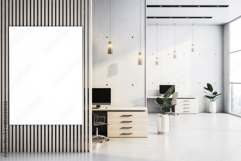 Aufkleber Modern office interior with vertical wooden partition and blank white frame for display. 3D Rendering