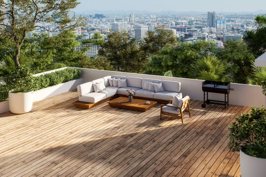 Modern contemporary wooden rooftop terrace with city view background 3d render