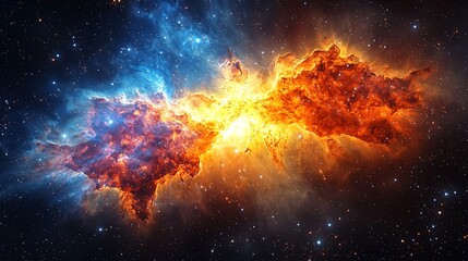 Fototapeta premium Cosmic Nebula Collision Fiery Stellar Clouds Clash in Deep Space. Background stars twinkle. Use Science, fantasy