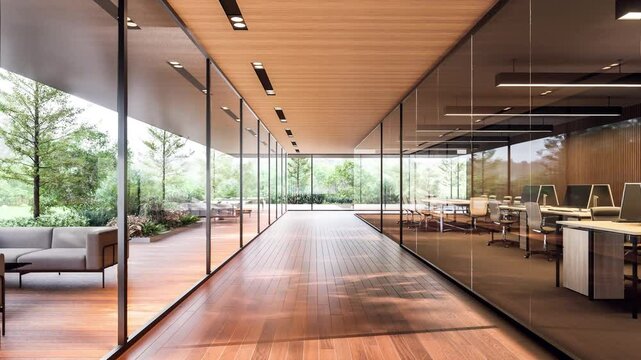 Animation of modern contemporary office interior with wooden terrace 3d render, There are wooden floor large windows overlooking nature view outside
