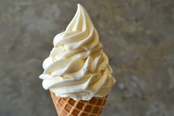 Creamy vanilla soft serve ice cream in a crispy waffle cone is a refreshing summer treat