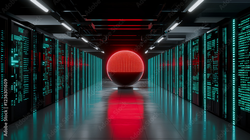 Poster exploring data centers futuristic technology sphere server room digital art high-tech environment wi