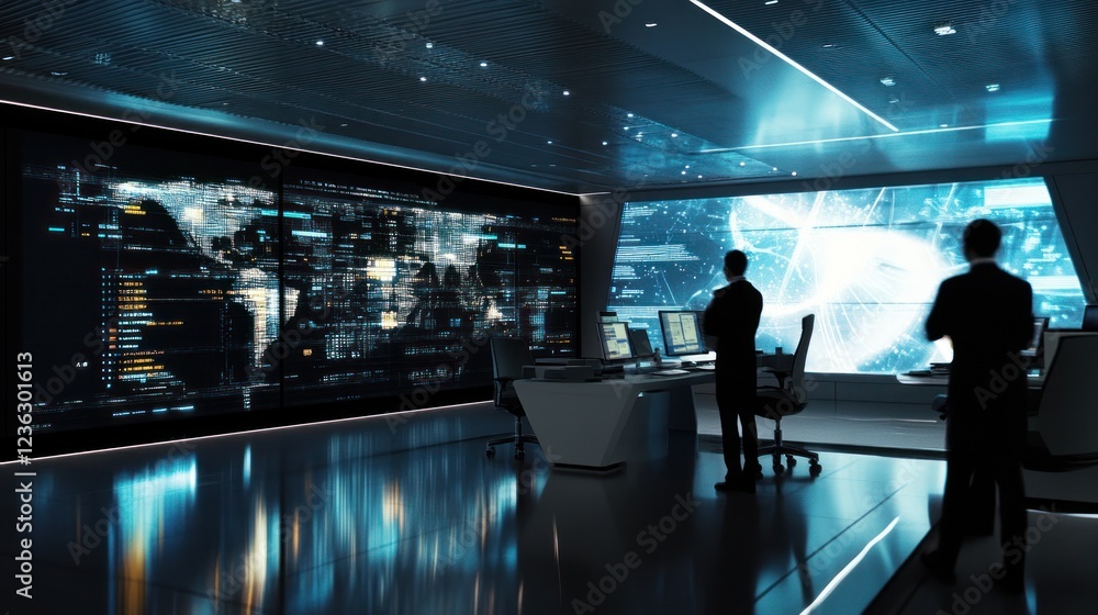 Poster cybersecurity professionals monitoring global network activity in a control room