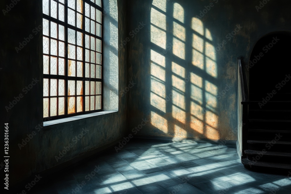 Poster soft light filtering through large windows casts intricate shadows on the floor