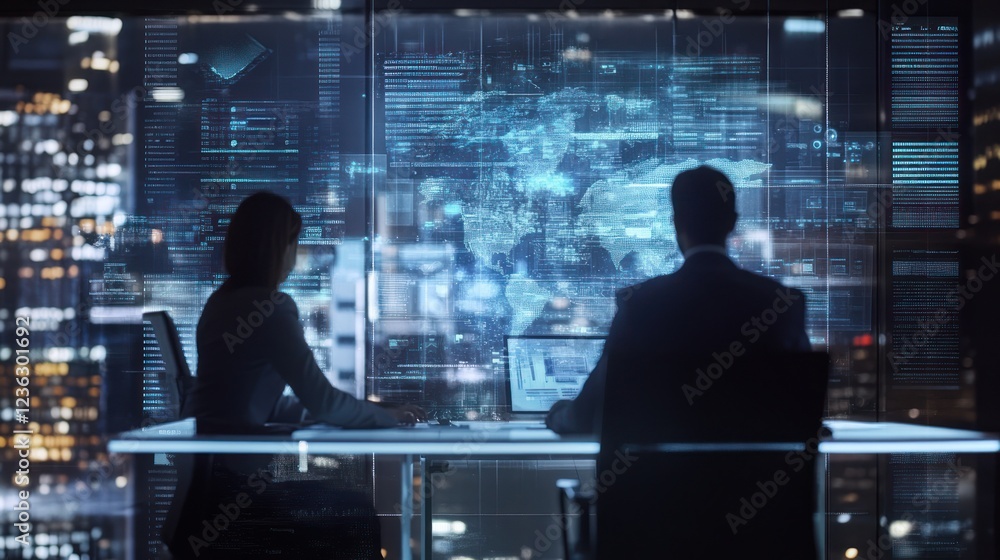 Poster global network analysis of a man and a woman, working in data analysis