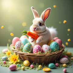 Easter eggs, rabbit holding carrot and some candies