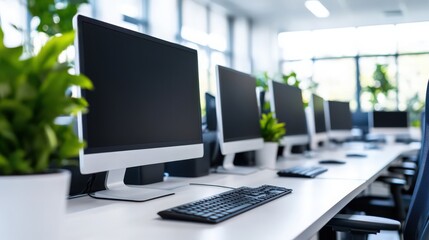 Fototapeta premium A row of computer monitors sit on a desk with a potted plant in the foreground