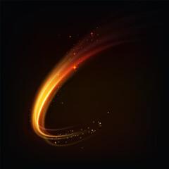 Vector abstract illustration. Orange glowing light flare lines of speed with sparkles. Falling star or moving light.   