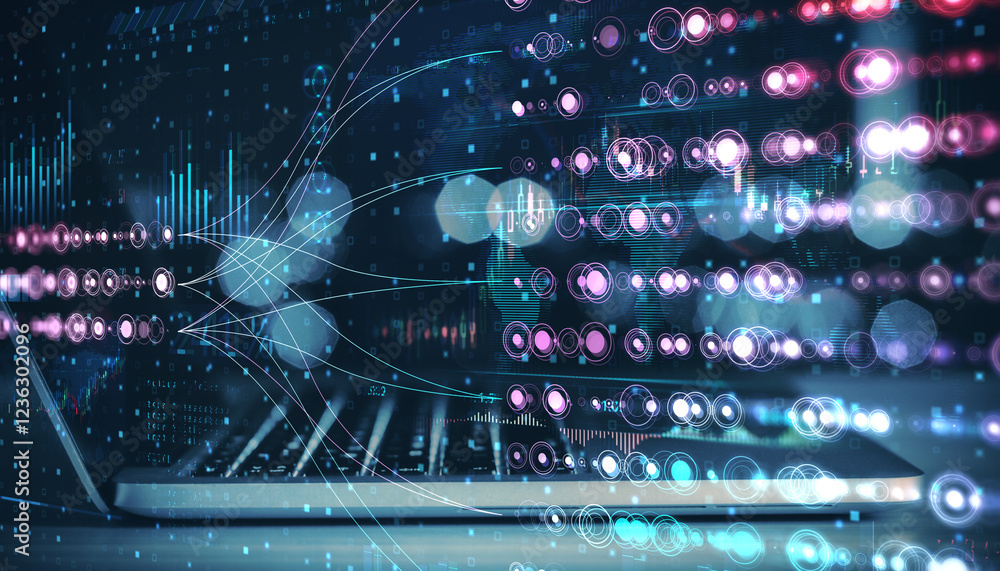 Poster futuristic digital concept with abstract data and cyber connections on blurry background.