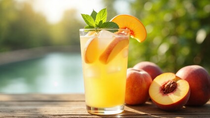 Fototapeta premium Refreshing peach lemonade with ice and mint, garnished with peach slices in sunny outdoor setting 