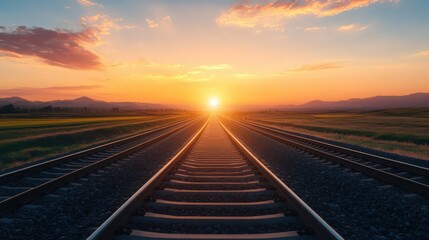 Fototapeta premium A train track with a sunset in the background