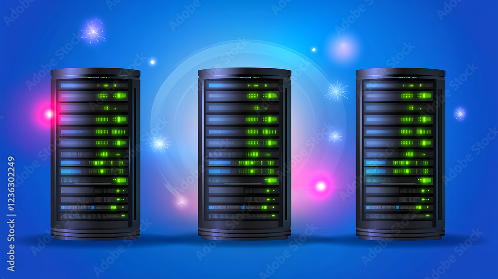 Poster data processing action server room digital illustration tech environment front view network manageme