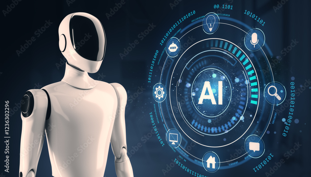 Aufkleber Futuristic robot with AI digital interface on dark background. 3D Rendering