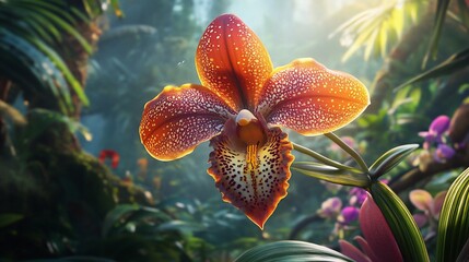 Stunning Orange Orchid in Lush Tropical Rainforest Setting: A Vibrant Digital Art Piece